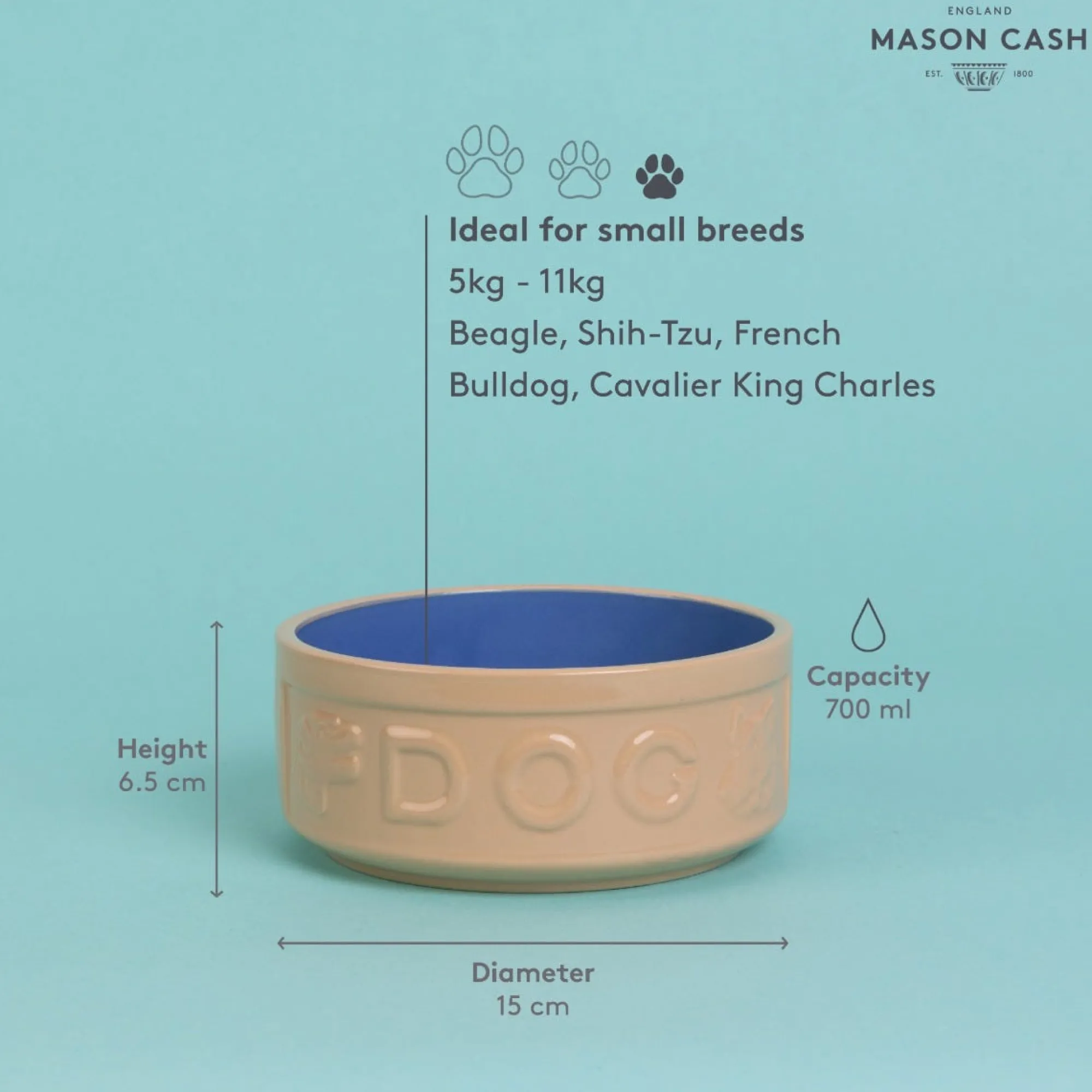 Cane Pet Bowls|Dog Bowls>Mason Cash Cane & Blue Lettered Dog Bowl 15cm