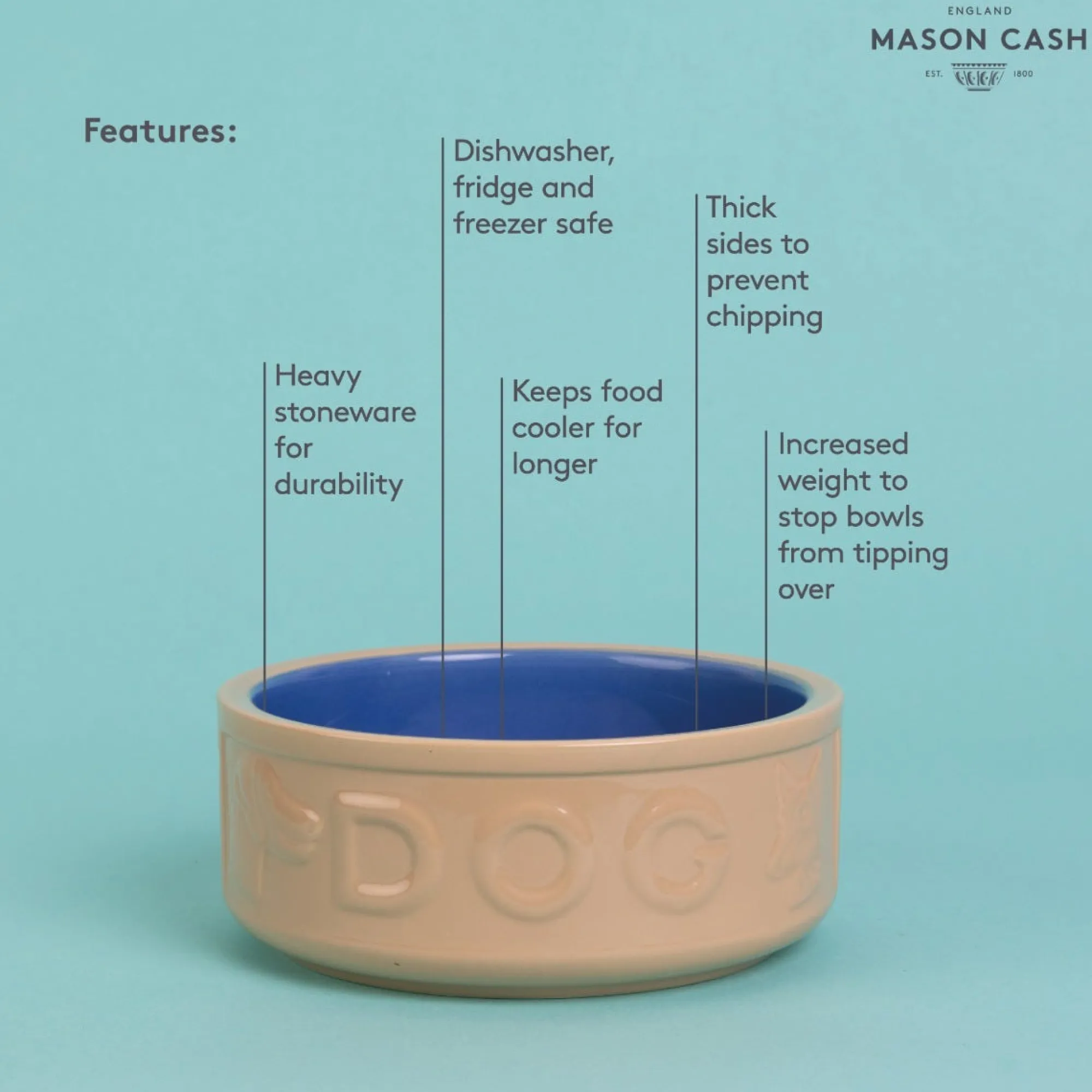 Cane Pet Bowls|Dog Bowls>Mason Cash Cane & Blue Lettered Dog Bowl 18cm
