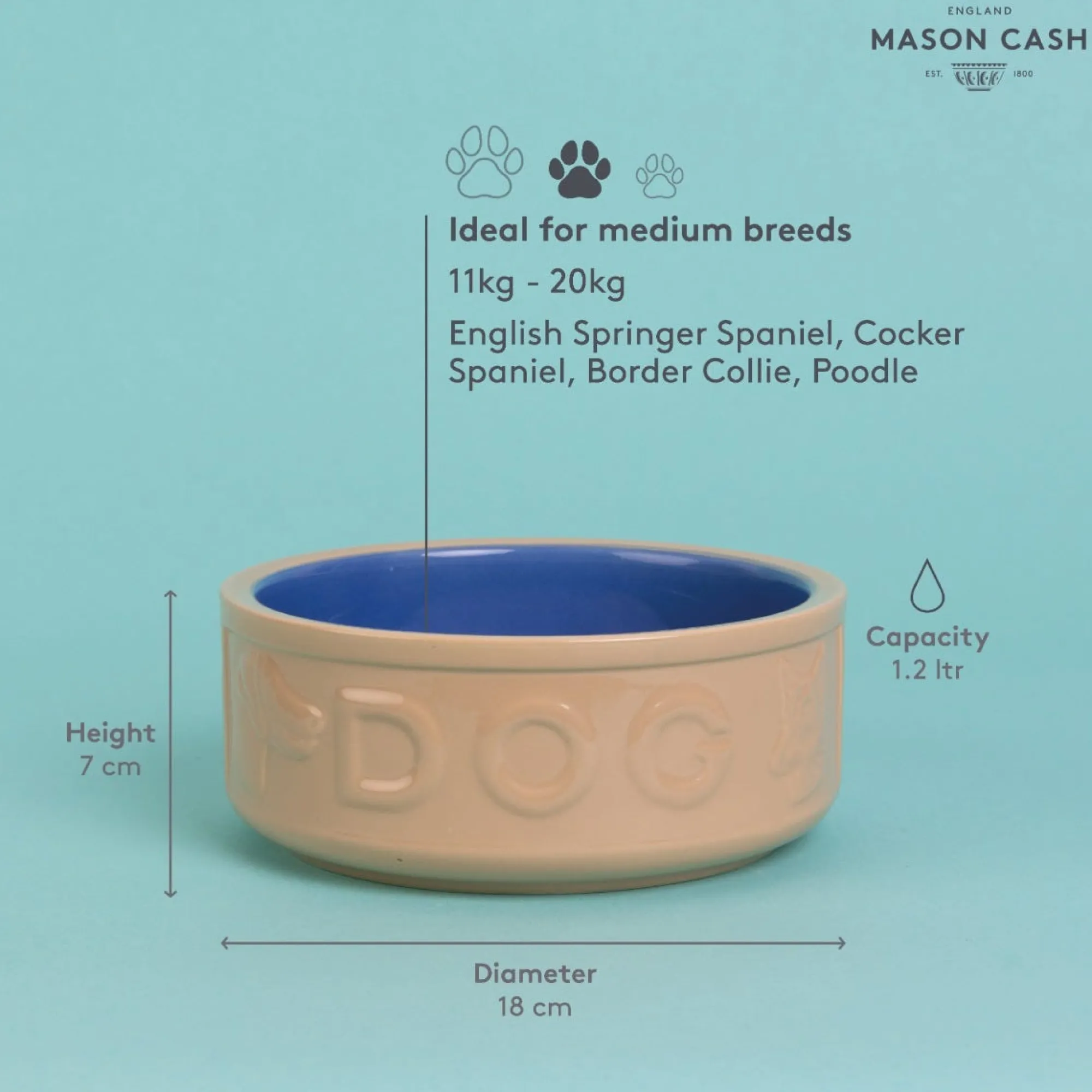 Cane Pet Bowls|Dog Bowls>Mason Cash Cane & Blue Lettered Dog Bowl 18cm