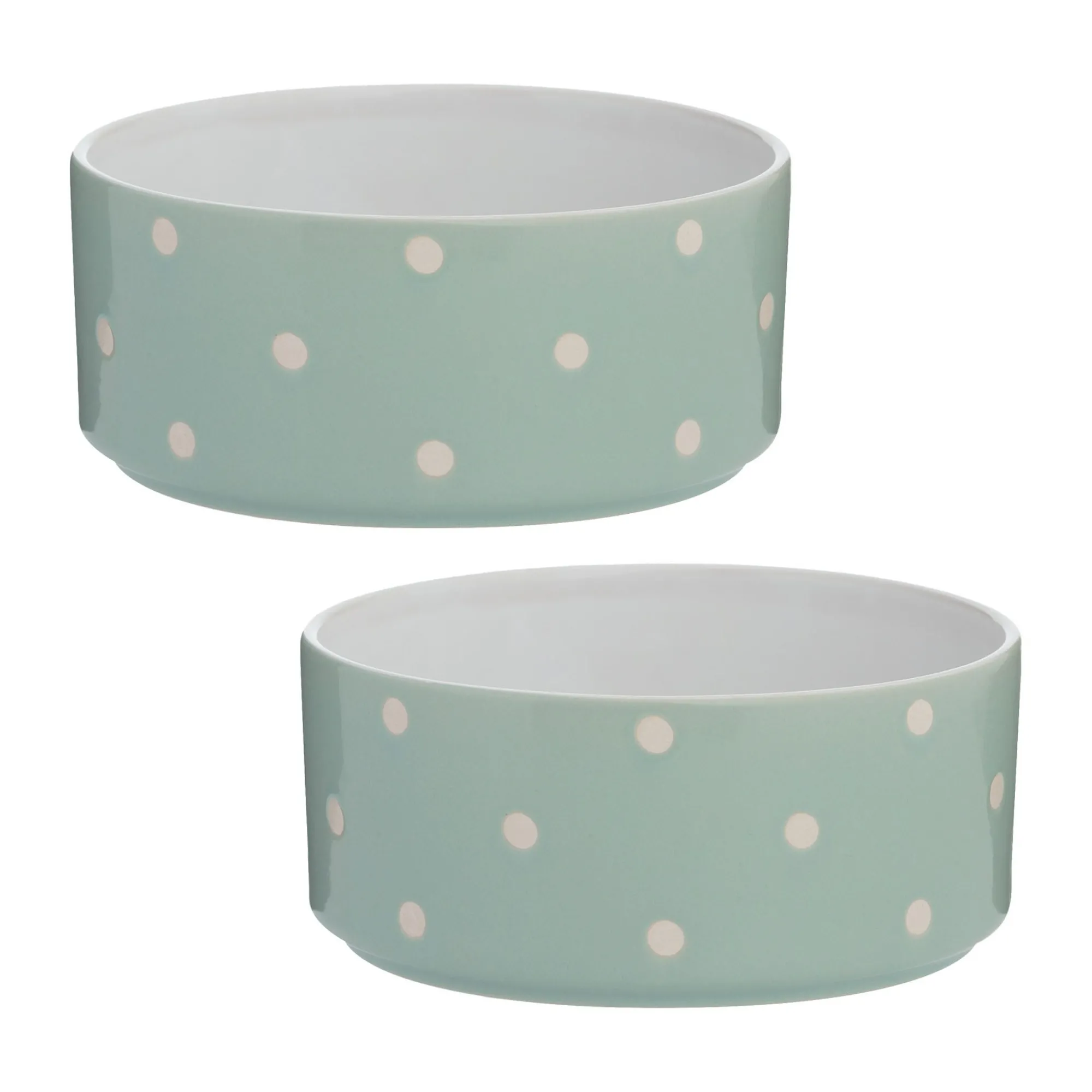 Decorated Pet Bowls|Dog Bowls>Mason Cash Polka Dot Sage Set Of 2 Dog Bowls 18cm